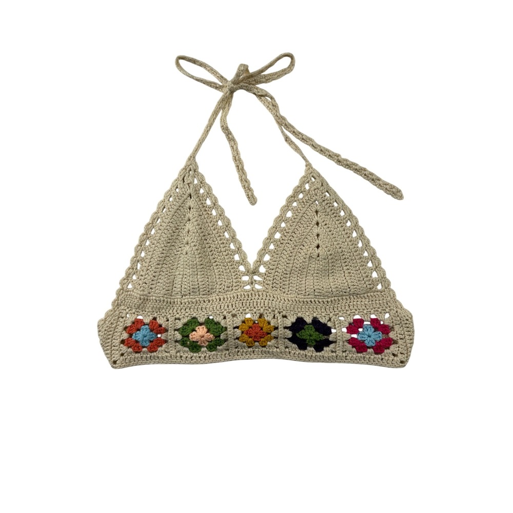 WoWo Women Crochet Halter Top Cream Granny Square Floral Boho Festival Large